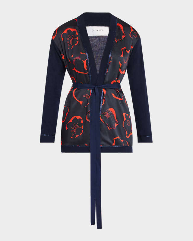 Mixed-Media Vintage 50s Floral-Print Wrap Cardigan